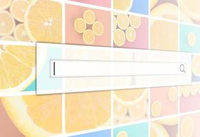 Visualization of the search bar on the background of a collage of many pictures with juicy oranges. Set of images with fruits on backgrounds of different colors photo