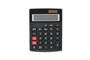 Big black rectangular calculator with solar panel and two red buttons isolated on white photo