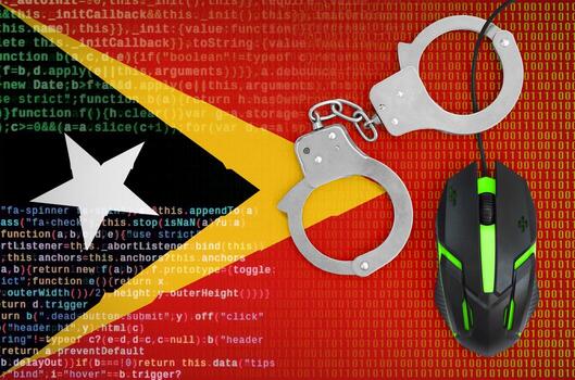 Timor Leste flag  and handcuffed computer mouse. Combating computer crime, hackers and piracy photo