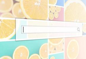Visualization of the search bar on the background of a collage of many pictures with juicy oranges. Set of images with fruits on backgrounds of different colors photo