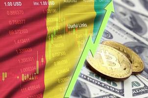 Guinea flag and cryptocurrency growing trend with two bitcoins on dollar bills photo