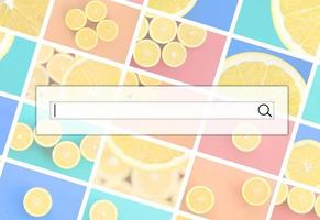 Visualization of the search bar on the background of a collage of many pictures with juicy oranges. Set of images with fruits on backgrounds of different colors photo