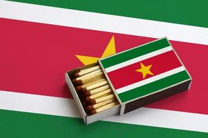 Suriname flag  is shown in an open matchbox, which is filled with matches and lies on a large flag photo