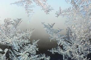 Snowflakes frost rime macro on window glass pane photo