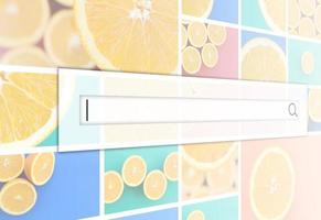 Visualization of the search bar on the background of a collage of many pictures with juicy oranges. Set of images with fruits on backgrounds of different colors photo