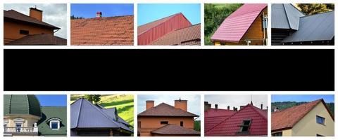 A collage of many pictures with fragments of various types of roofing. Set of images with roofs photo