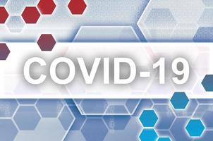 Somalia flag and futuristic digital abstract composition with Covid-19 inscription. Coronavirus outbreak concept photo