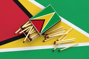 Guyana flag  is shown on an open matchbox, from which several matches fall and lies on a large flag photo