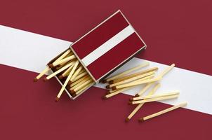 Latvia flag  is shown on an open matchbox, from which several matches fall and lies on a large flag photo