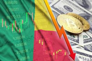 Benin flag and cryptocurrency falling trend with two bitcoins on dollar bills photo