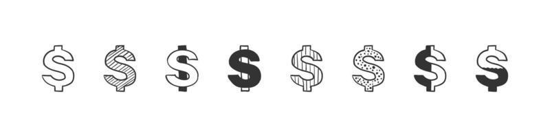 conjunto de iconos de dólar. dólar garabato. dólar de icono dibujado a mano aislado sobre fondo blanco. diseño de moda ilustración vectorial vector