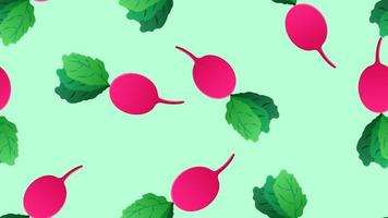 radish on a green background, vector illustration, pattern. oblong radish, a healthy vegetable for salads. color pattern, decor and wallpaper design. colored bright radish for food