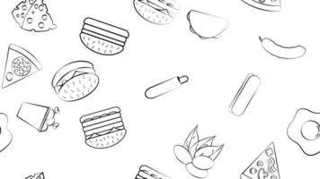 Black and white endless seamless pattern of food and snack items icons set for restaurant bar cafe burgers, nuts, pizza, cheese, hot dog, burinno, chicken. The background vector