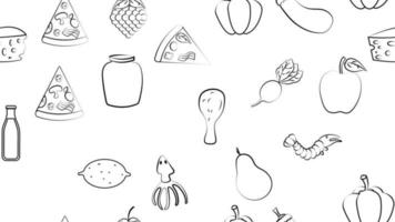 Black and white endless seamless pattern of food and snack items icons set for restaurant bar cafe shrimp, pizza, grapes, radish, soda, eggplant, squid, apple, cheese, lemon. The background vector