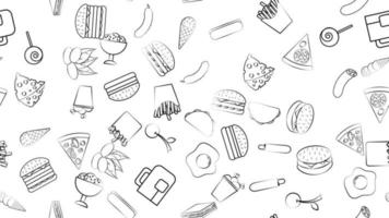 Black and white endless seamless pattern of food and snack items icons set for restaurant bar cafe burger, nuts, egg, sausage, ice cream, pizza, burrito, candy, tea. The background vector