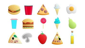conjunto de 15 íconos de artículos de deliciosa comida y bocadillos para un café bar restaurante en un helado de fondo blanco, hamburguesa, pizza, palomitas de maíz, bebida, pera, fresa vector