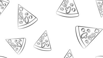 rebanada de pizza en masa fina, fondo blanco, ilustración vectorial, patrón. pizza rellena de carne, queso. diseño y decoración de la cocina. patrón blanco y negro en estilo de dibujo a lápiz vector