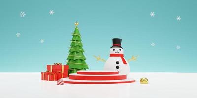 Background 3d geometry podium rendering for Christmas and new year Background. The gift box and snow man and podium stage display the color Christmas. 3D illustration podium background. photo