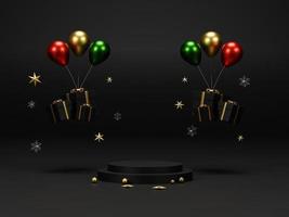 Background 3d rendering for Christmas and new year with gold and black colors Background. Gift box with balloon and circle podium on gold and black colors background. 3D illustration photo