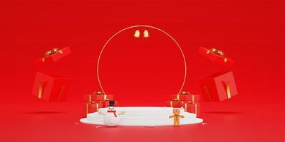 Background 3d geometry podium rendering for Christmas and new year Background. Gift box and snow man, Gingerbread man and podium stage display the color Christmas. 3D illustration podium background. photo