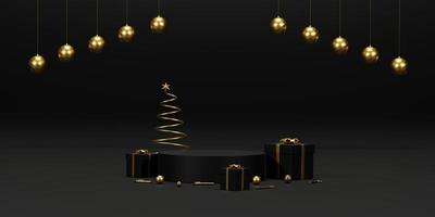 Background 3d rendering for Christmas and new year with gold and black colors Background. Gift box and ball decoration and circle podium on gold and black colors . 3D illustration background. photo