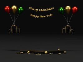 Background 3d podium rendering for Christmas and new year with gold and black colors Background. Gift box and balloons and cube podium on gold and black colors. 3D illustration podium background. photo