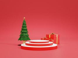 Background 3d geometry podium rendering for Christmas and new year Background. The gift box and pine tree and podium stage display the color Christmas. 3D illustration podium background. photo