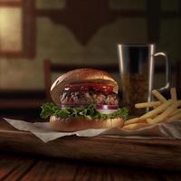 Delicious homemade steakburger on an old wooden table. Fat unhealthy food close-up. photo