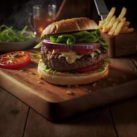 deliciosa hamburguesa casera en una mesa de madera antigua. primer plano de comida poco saludable grasa.