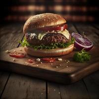 Delicious homemade steakburger on an old wooden table. Fat unhealthy food close-up. photo