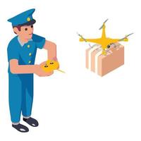 Postman drone parcel delivery icon, isometric style vector