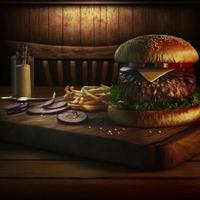 Delicious homemade steakburger on an old wooden table. Fat unhealthy food close-up. photo