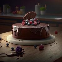 delicioso postre, elegante pastel de chocolate casero foto
