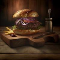 Delicious homemade steakburger on an old wooden table. Fat unhealthy food close-up. photo