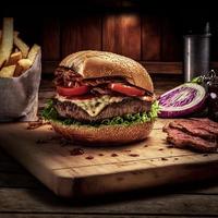 Delicious homemade steakburger on an old wooden table. Fat unhealthy food close-up. photo