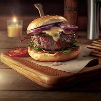 Delicious homemade steakburger on an old wooden table. Fat unhealthy food close-up. photo