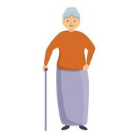 Smiling granny with walking stick icon, cartoon style vector