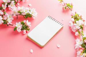 Blooming spring sakura on a pink background with notepad space for greeting message. The concept of spring and mother's day. Beautiful delicate pink cherry flowers in springtime photo