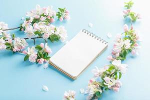 Blooming spring sakura on a blue background with notepad space for a greeting message. The concept of spring and mother's day. Beautiful delicate pink cherry flowers in springtime photo