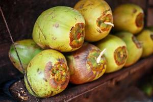 Lots of fresh green coconuts lined with a stack. Close-up market stalls photo