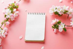 Blooming spring sakura on a pink background with notepad space for greeting message. The concept of spring and mother's day. Beautiful delicate pink cherry flowers in springtime photo