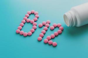 Pink pills in the shape of the letter B12 on a blue background, spilled out of a white can, low contrast photo