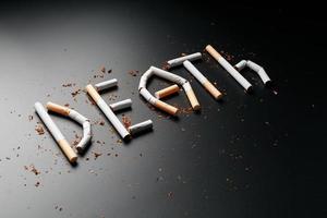 The inscription DEATH from cigarettes on a black background. Stop smoking. The concept of smoking kills. Motivation inscription to quit smoking, unhealthy habit. photo
