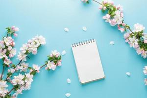 Blooming spring sakura on a blue background with notepad space for a greeting message. The concept of spring and mother's day. Beautiful delicate pink cherry flowers in springtime photo