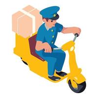 Postman scooter box delivery icon, isometric style vector