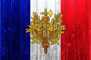 Flag and coat of arms of France on a textured background. Concept collage. photo