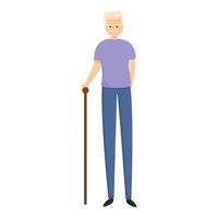 Senior man with walking stick icon, cartoon style vector