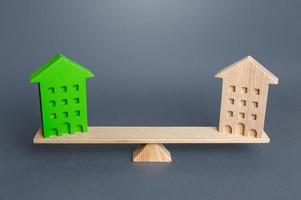Green and ordinary houses are on the scales. Comparison of ecological housing with conventional housing. Advantages and disadvantages of energy efficient buildings. Net Zero Carbon emissions photo