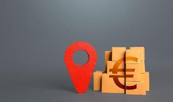 Cardboard boxes with euro and tracking symbol. Red pin geolocation. Transportation services logistics, warehouse management. Import export. Delivering. Tracking of deliveries. Freight infrastructure photo