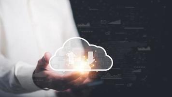 Cloud computing concept, icon in male hand , Digital network data connection technology, modern communication with information technology, innovative online backup. with highly secure protection photo
